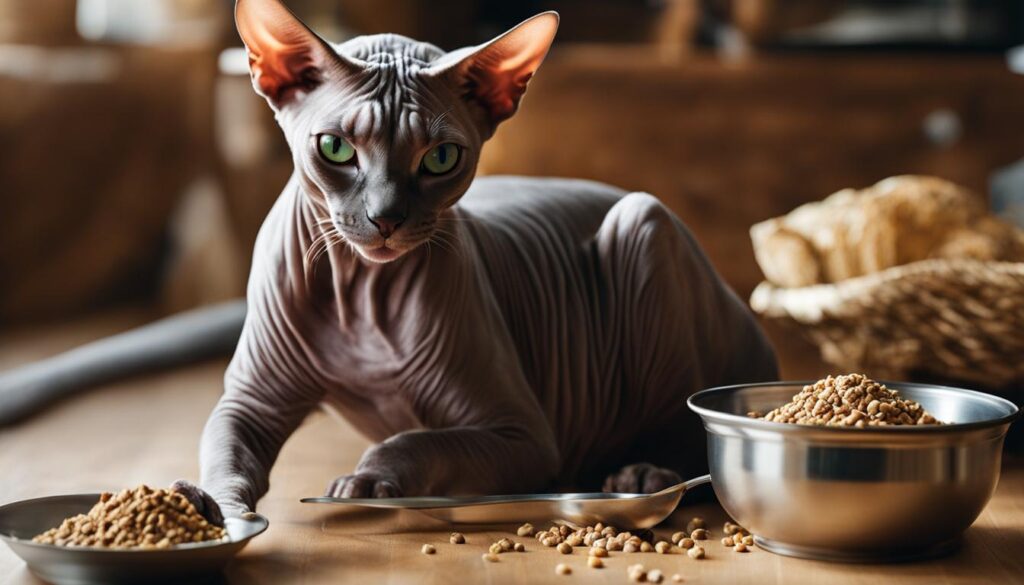 Sphynx cat eating from a bowl of food