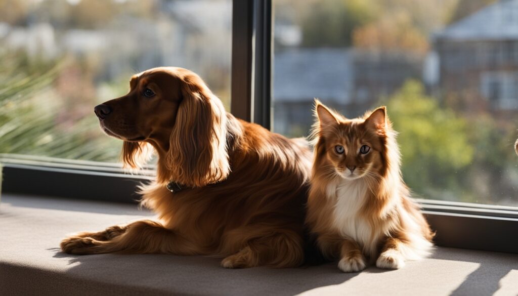 Cocker Spaniel and cat bonding peacefully