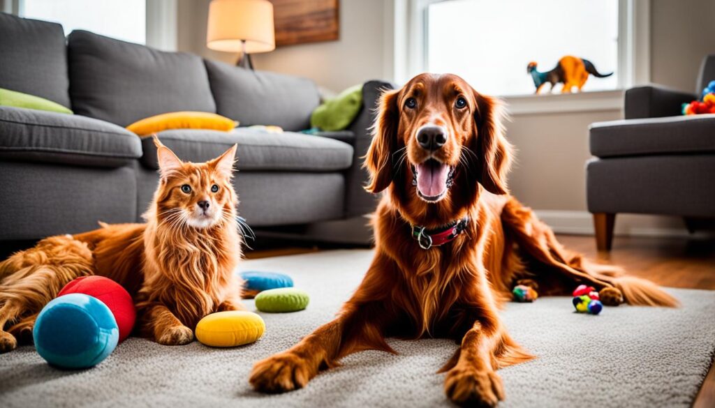 Irish Setter playing with a cat