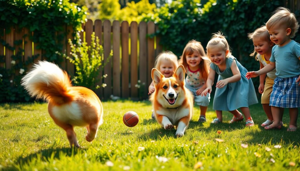 Corgi playing with children