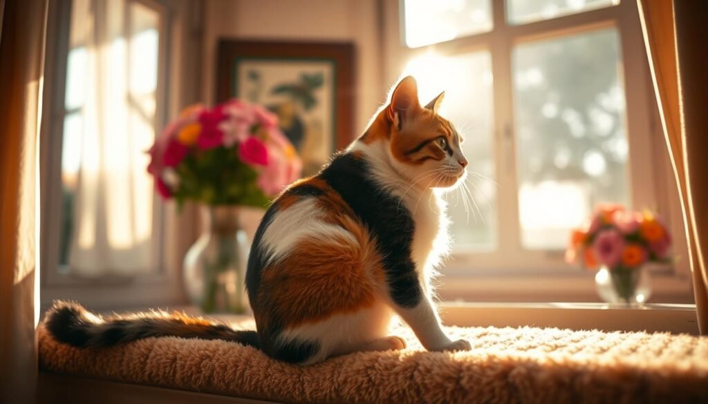 A calico cat sits regally on a plush, sun-dappled windowsill, its tri-colored coat gleaming in the warm light. Its keen eyes survey the tranquil garden outside, reflecting the independent, curious nature of this unique feline. In the foreground, the cat's paws are delicately tucked beneath its body, while its tail curls gracefully around its side. The mid-ground features a cozy, inviting interior, with a vase of vibrant flowers adding a touch of elegance. In the background, the sun casts a soft, diffused glow, creating a serene atmosphere. Captured with a shallow depth of field and a warm, natural color palette, this image from The Animal Central showcases the captivating charm and distinct personality of a calico cat.